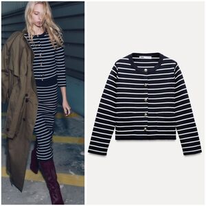 Striped Navy and White Cardigan With Gold Buttons By ZARA